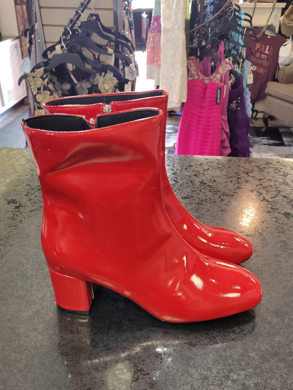 ME Makeover Essentials Red Patent Block Heel Ankle Boots